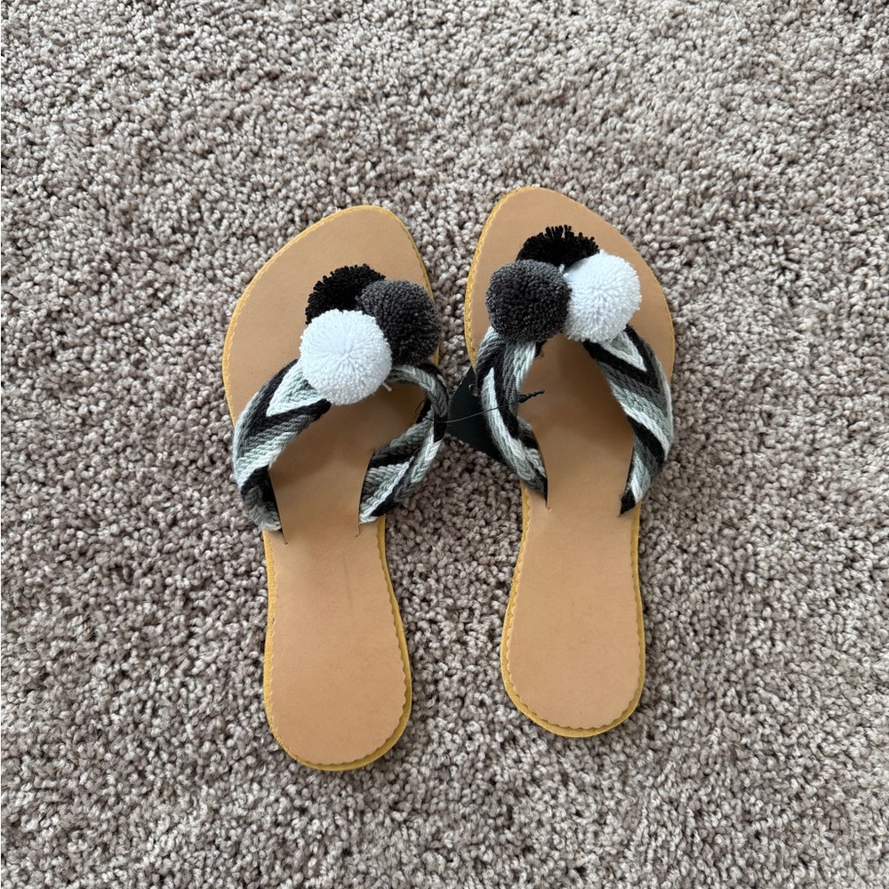 Black and White Pom-Pom Sandals